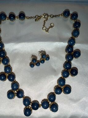 Gold & Navy Blue Beaded Necklace and Stud Earrings Set
